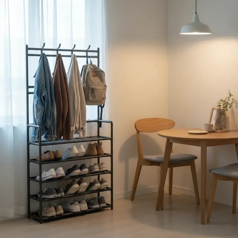 3-in-1 Entryway Organizer – Coat Rack, 5-Tier Shoe Shelf & 8 Hooks