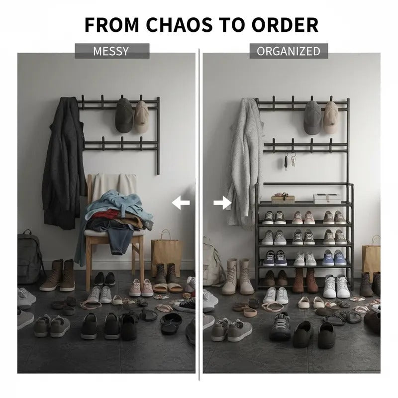 3-in-1 Entryway Organizer – Coat Rack, 5-Tier Shoe Shelf & 8 Hooks